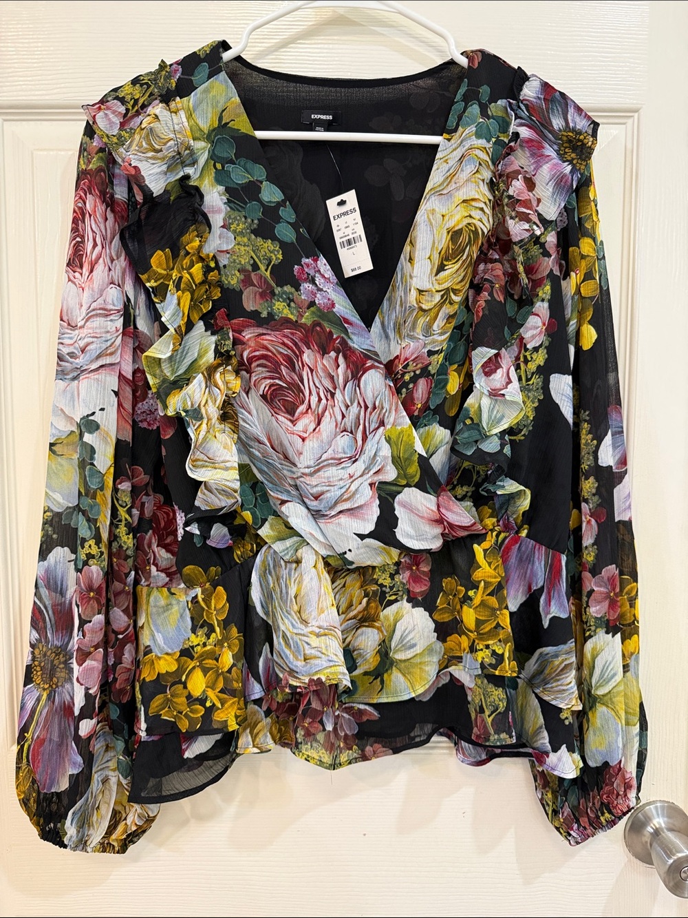 Express Floral V-Neck Long Sleeve Faux Wrap Pleated Waist Top Faux Wrap Pleated